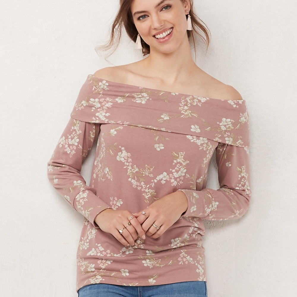 LC Lauren Conrad blush pink floral off the shoulder sweater NEW